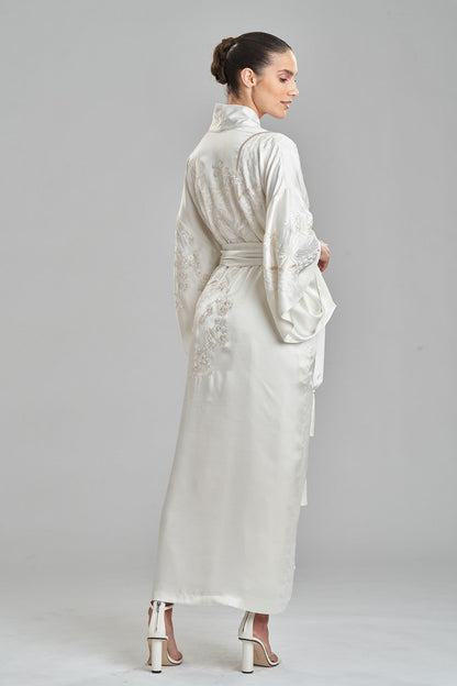 Buy Key Essentials Embroidered Silk Robe in Warm White Online Warm White Natori