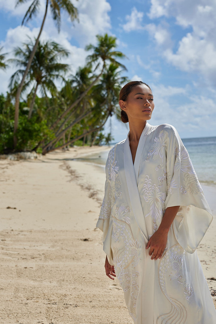 Buy Key Essentials Embroidered Silk Robe in Warm White Online Warm White Natori
