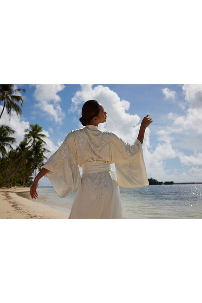 Buy Key Essentials Embroidered Silk Robe in Warm White Online Warm White Natori