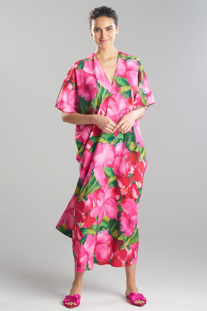 Isla Printed Satin V-Neck Caftan Pink Natori