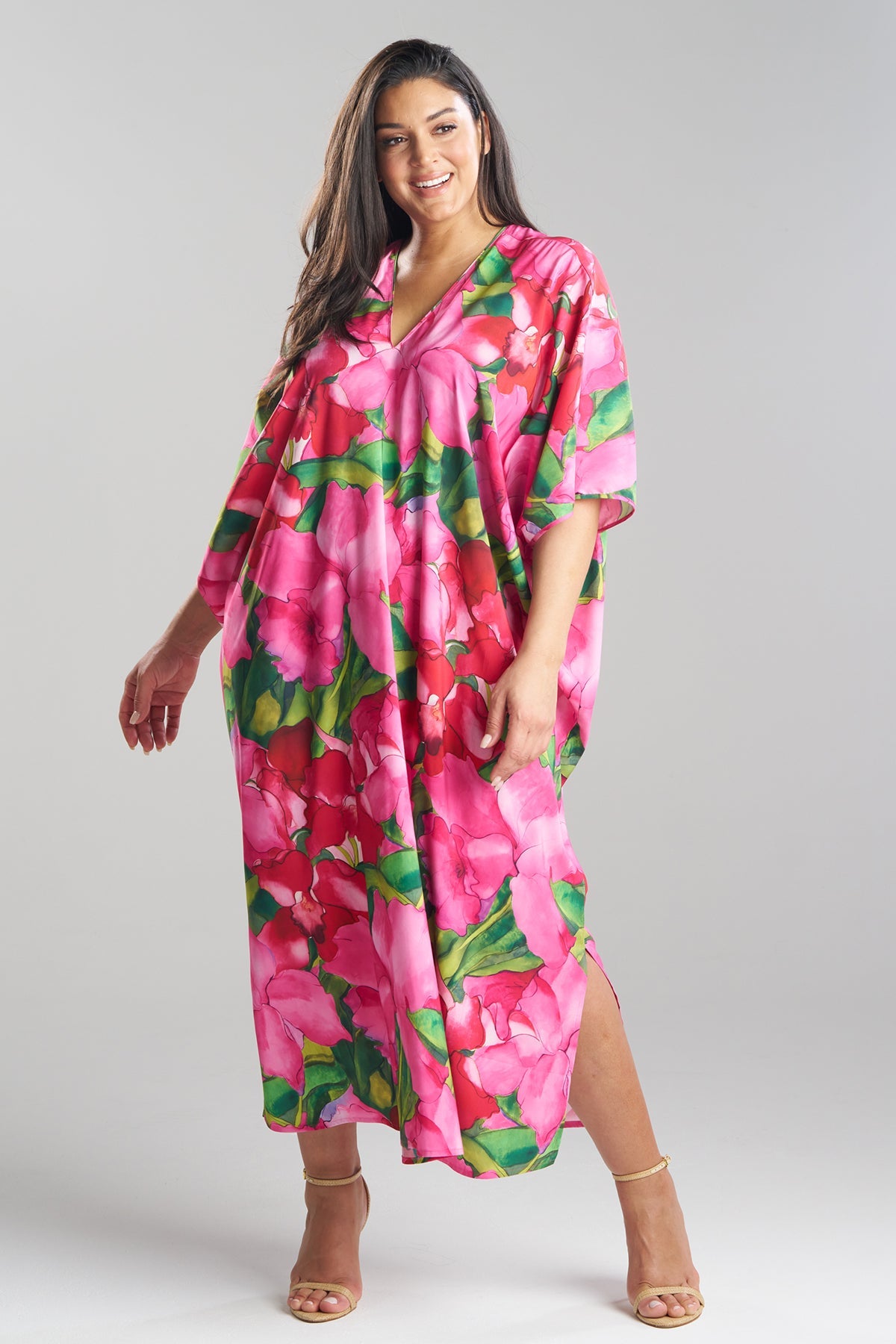 Isla Printed Satin V-Neck Caftan Pink Natori