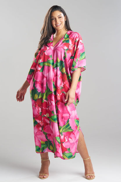 Isla Printed Satin V-Neck Caftan Pink Natori