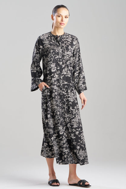 Toile Printed Satin Mandarin Zip Caftan Black Natori
