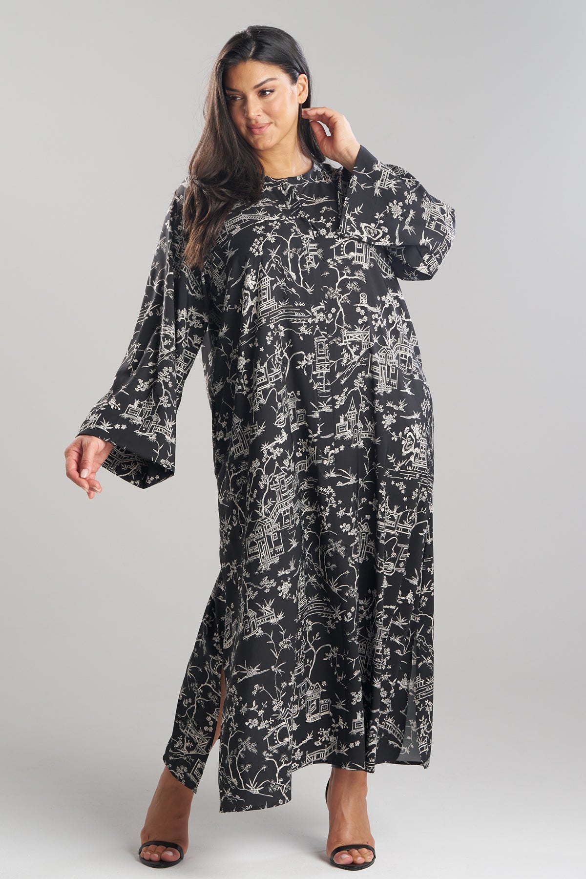Toile Printed Satin Mandarin Zip Caftan Black Natori