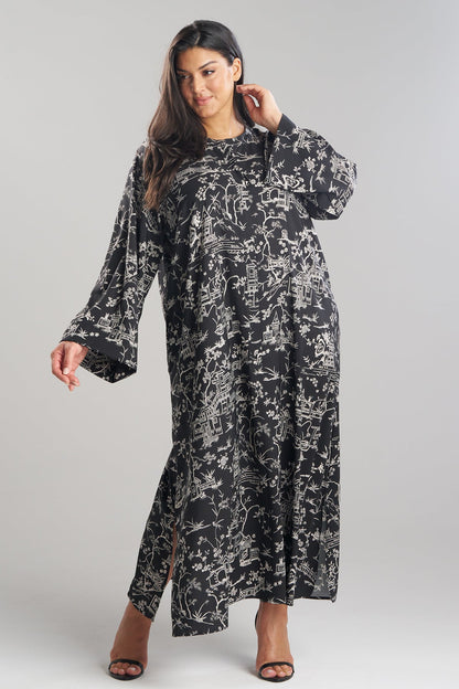 Toile Printed Satin Mandarin Zip Caftan Black Natori