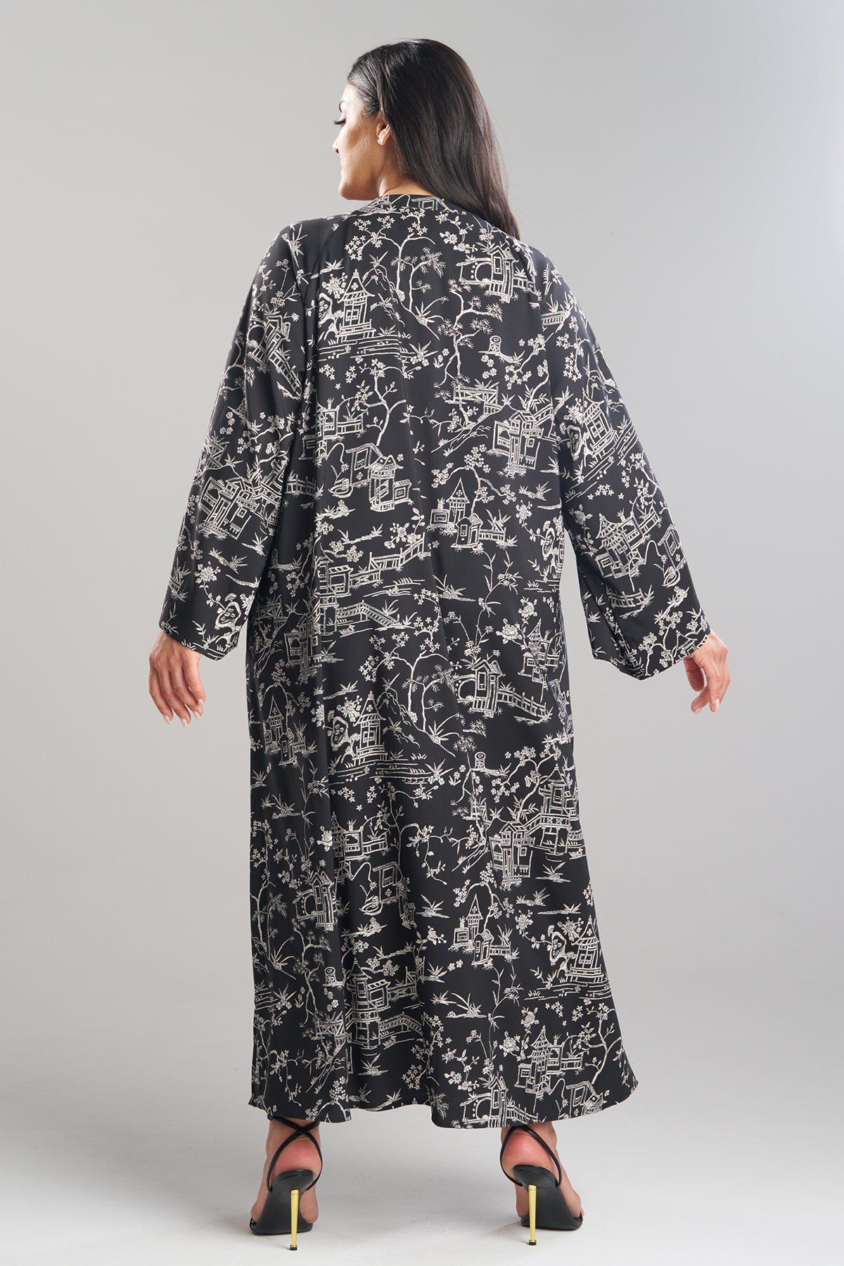 Toile Printed Satin Mandarin Zip Caftan Black Natori