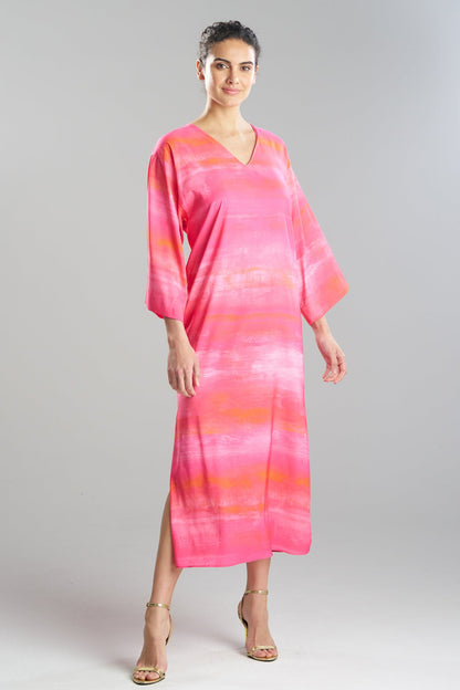 Aurora Printed Satin Slim Caftan Pink Poppy Natori