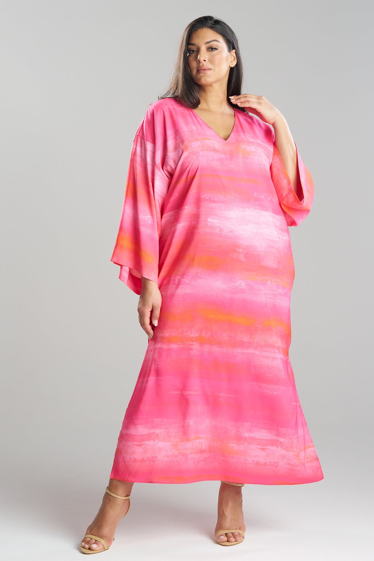 Aurora Printed Satin Slim Caftan Pink Poppy Natori