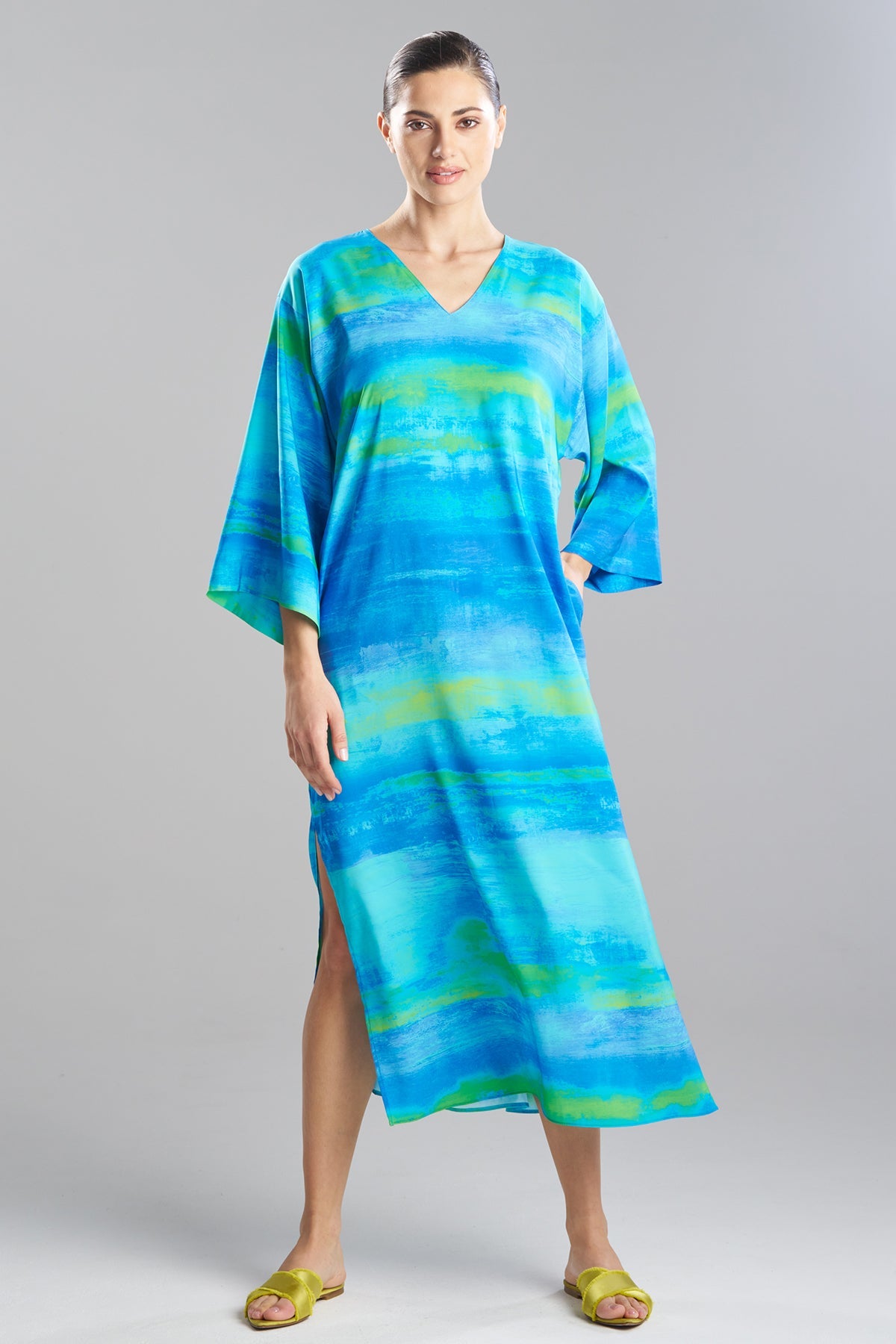 Aurora Printed Satin Slim Caftan Azure Natori
