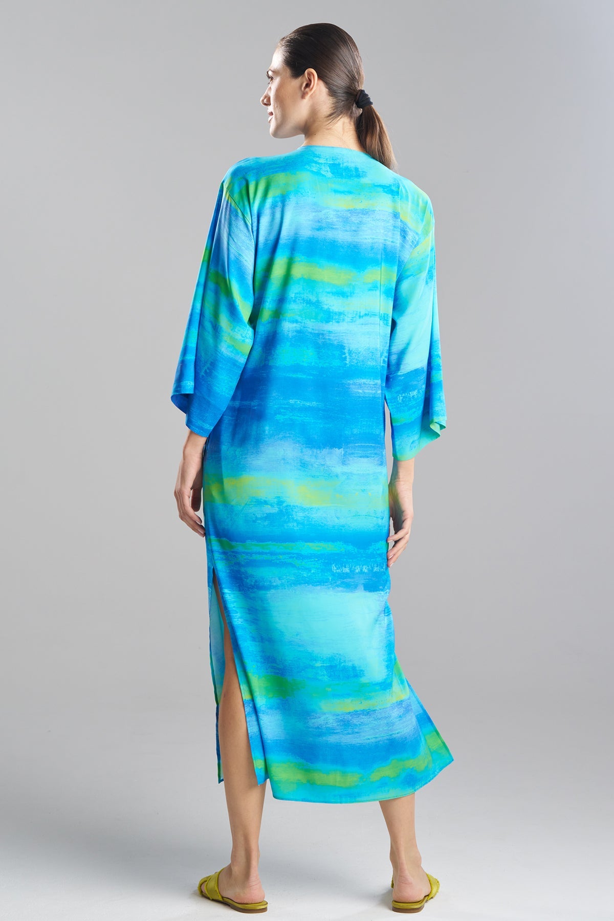 Aurora Printed Satin Slim Caftan Azure Natori