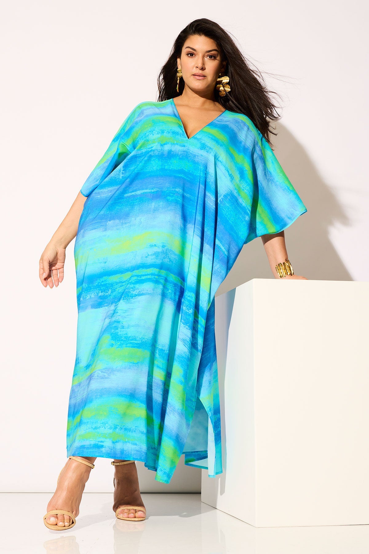 Aurora Printed Satin Caftan Azure Natori