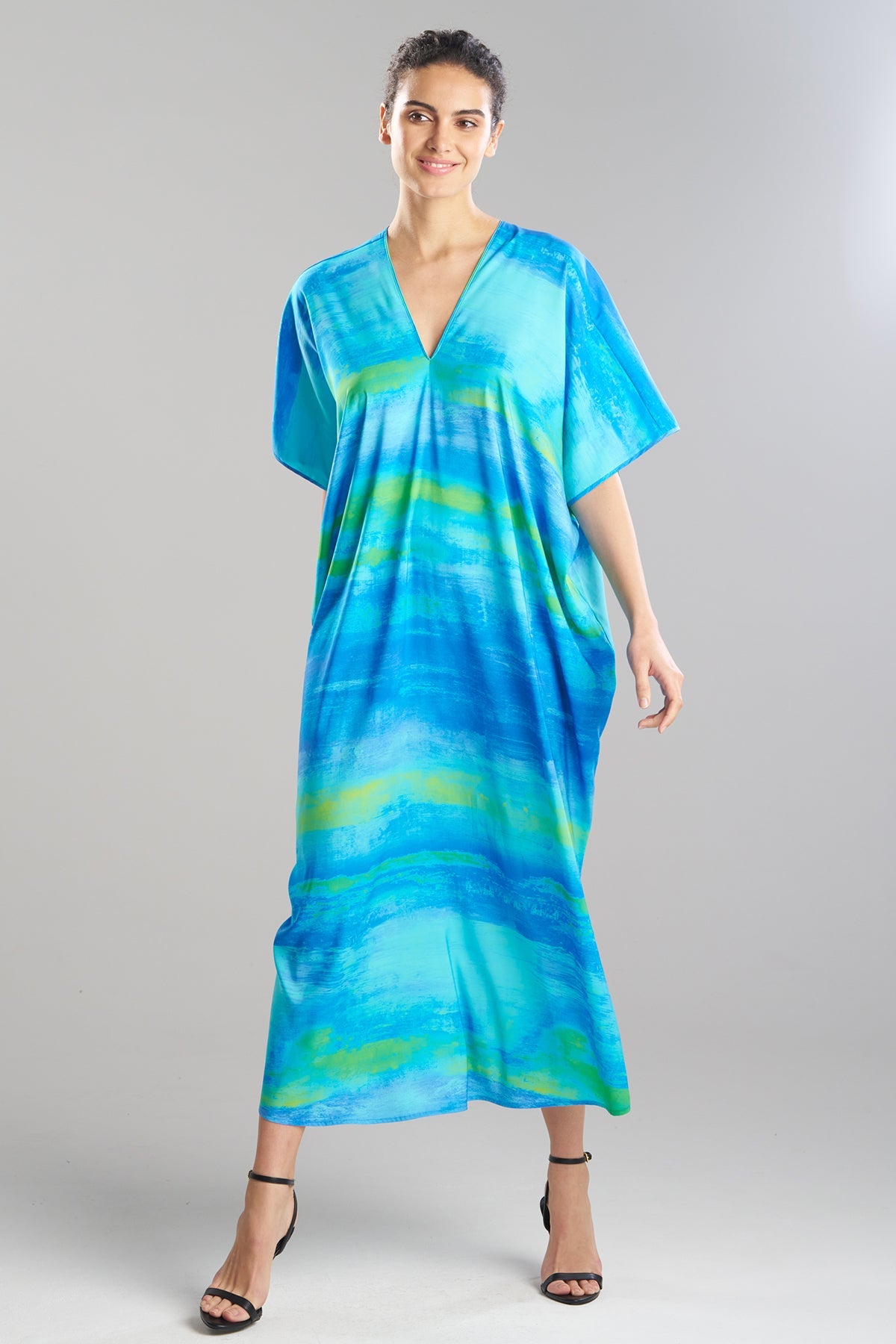 Aurora Printed Satin Caftan Azure Natori