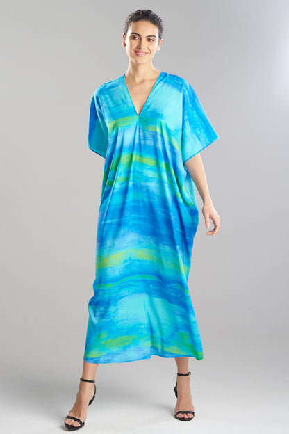Aurora Printed Satin Caftan Azure Natori
