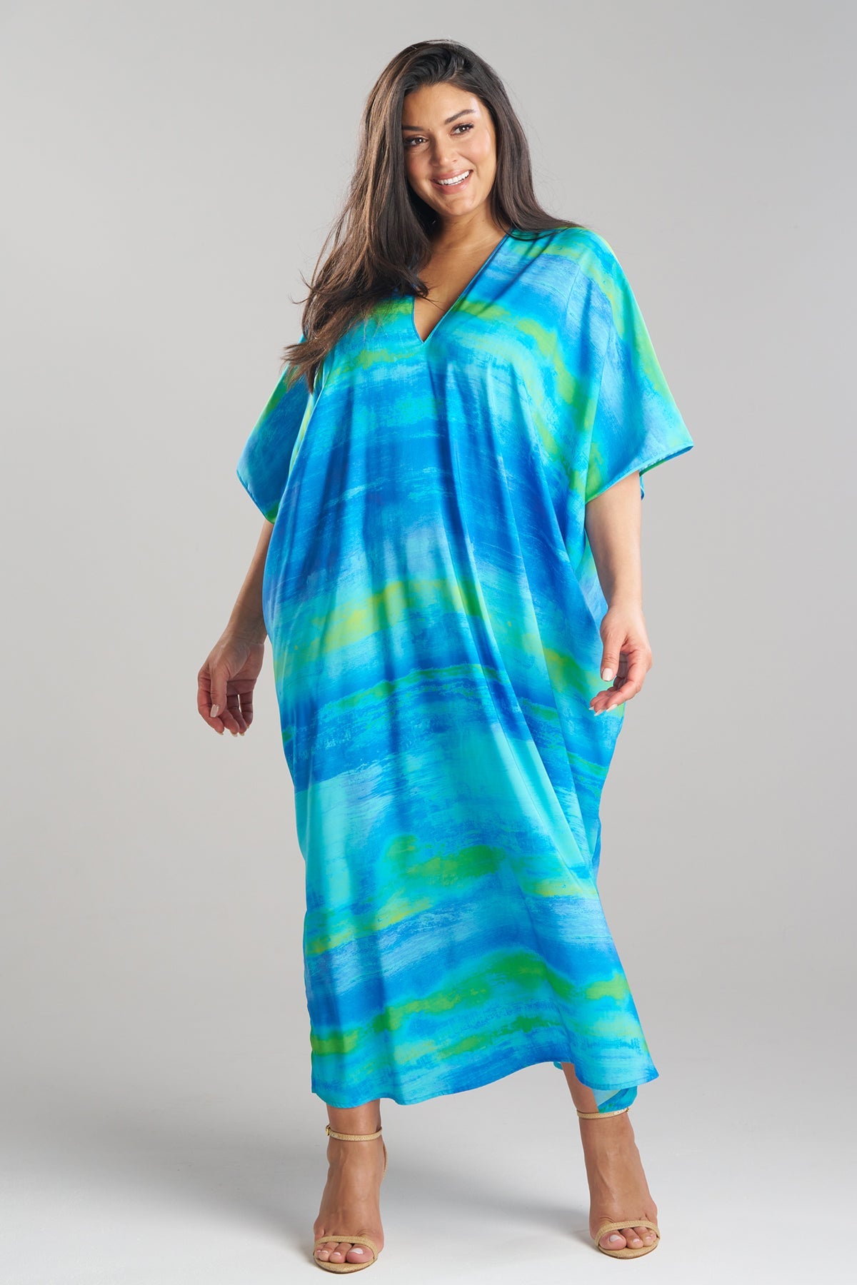 Aurora Printed Satin Caftan Azure Natori