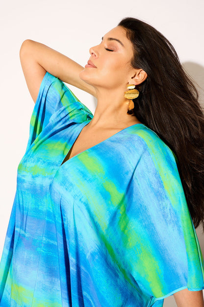 Aurora Printed Satin Caftan Azure Natori