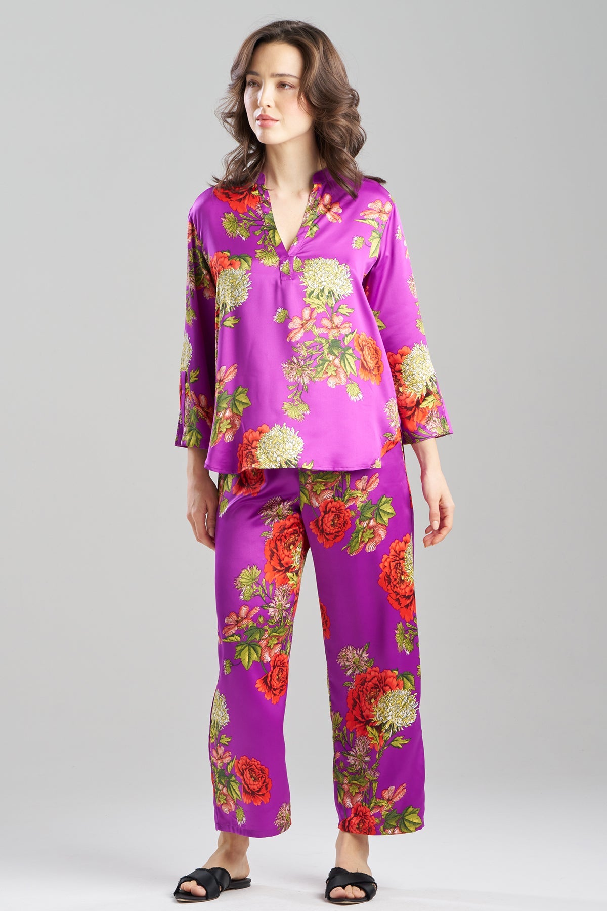 Crysanthe Printed Satin Mandarin PJ Set Crysanthe Orchid Natori