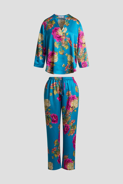 Crysanthe Printed Satin Mandarin PJ Set Crysanthe Blue Natori