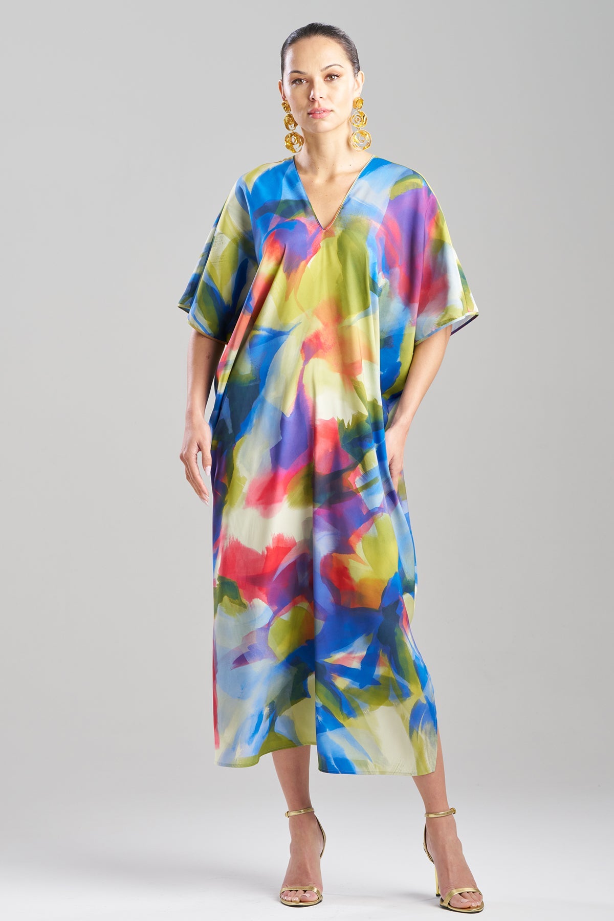 Kumo Printed Stretch Satin V-Neck Caftan Kumo Multi Natori