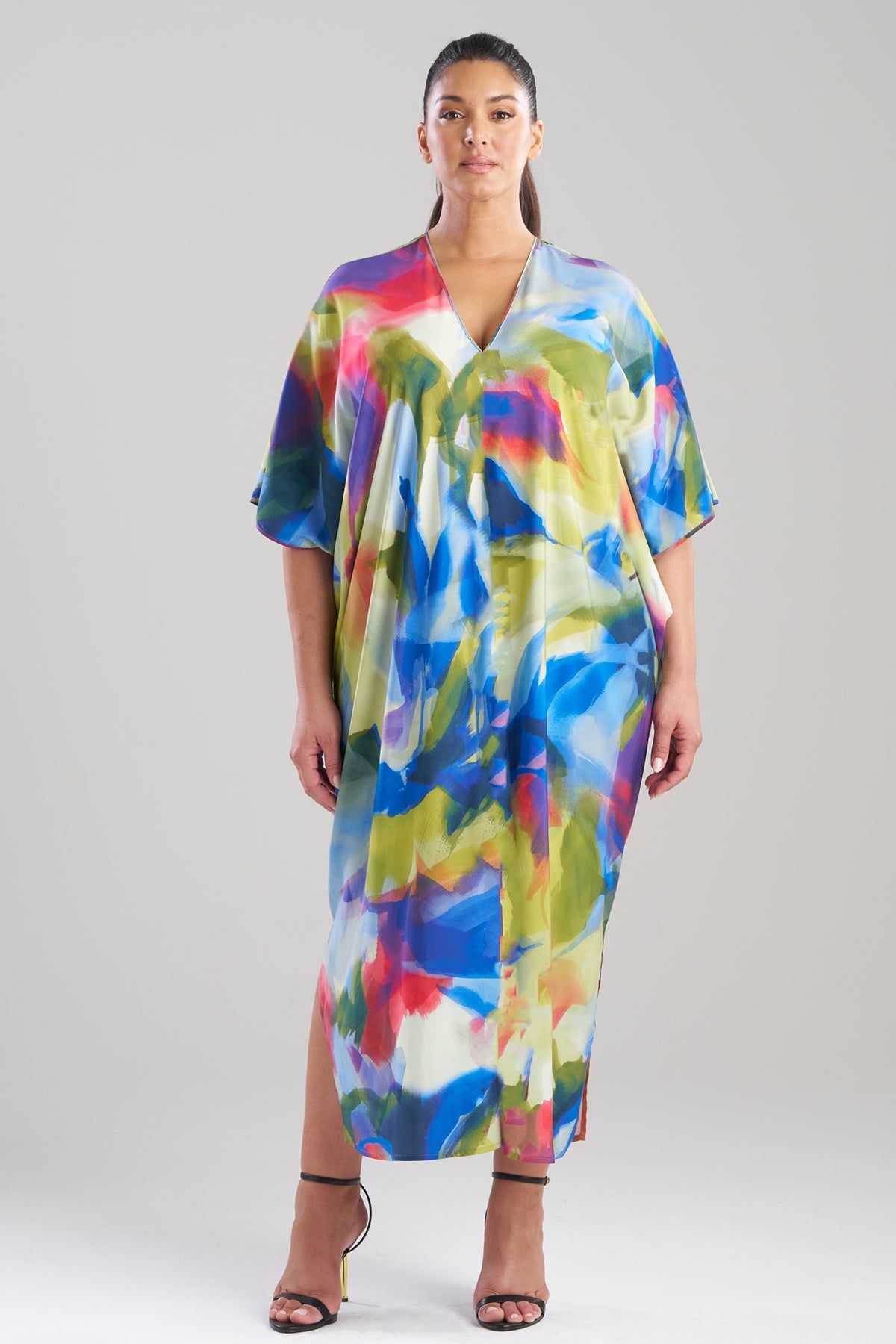 Kumo Printed Stretch Satin V-Neck Caftan Kumo Multi Natori