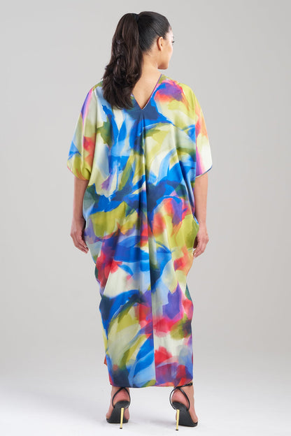 Kumo Printed Stretch Satin V-Neck Caftan Kumo Multi Natori