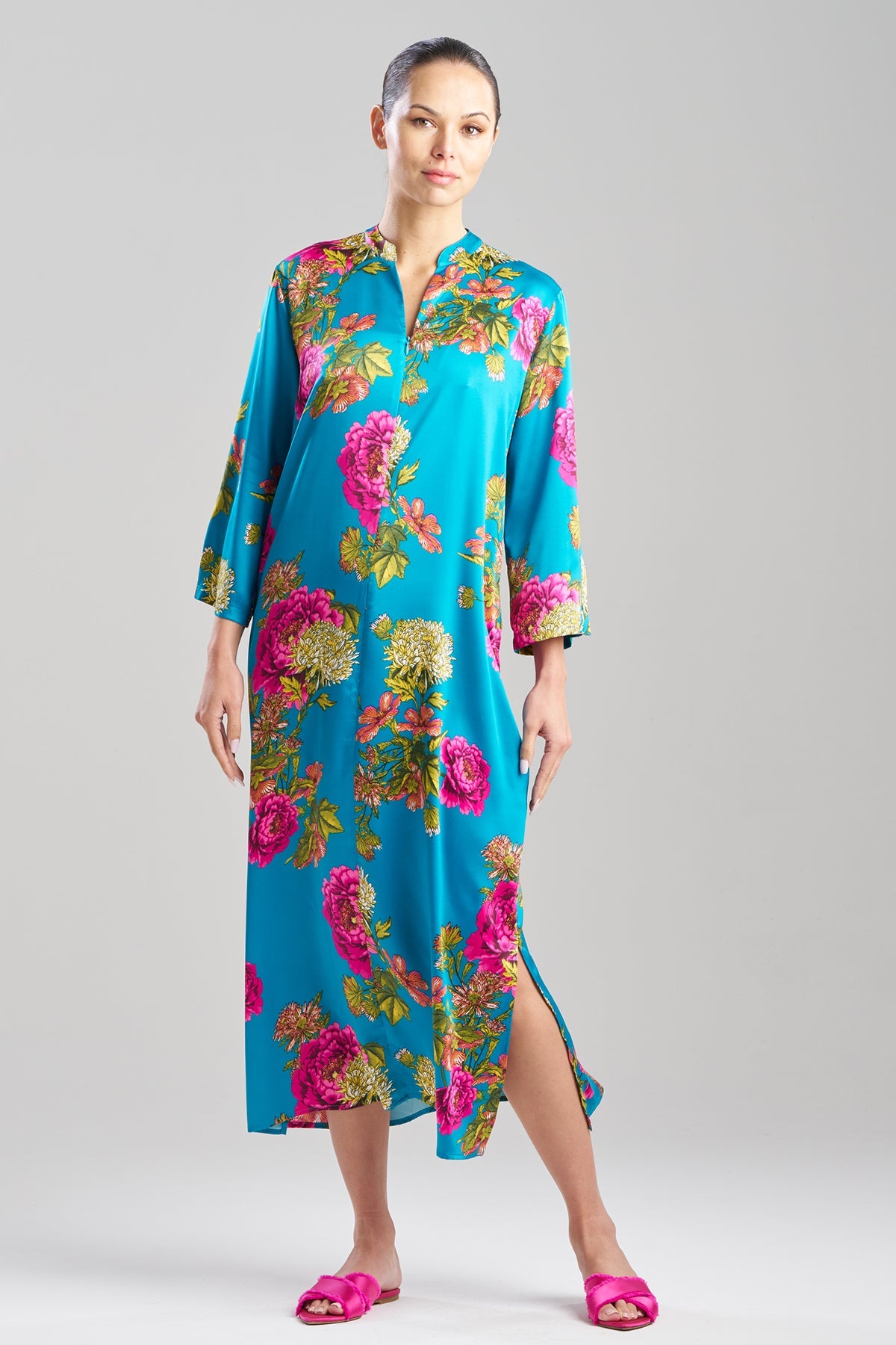 Crysanthe Printed Satin Zip Caftan Crysanthe Blue Natori