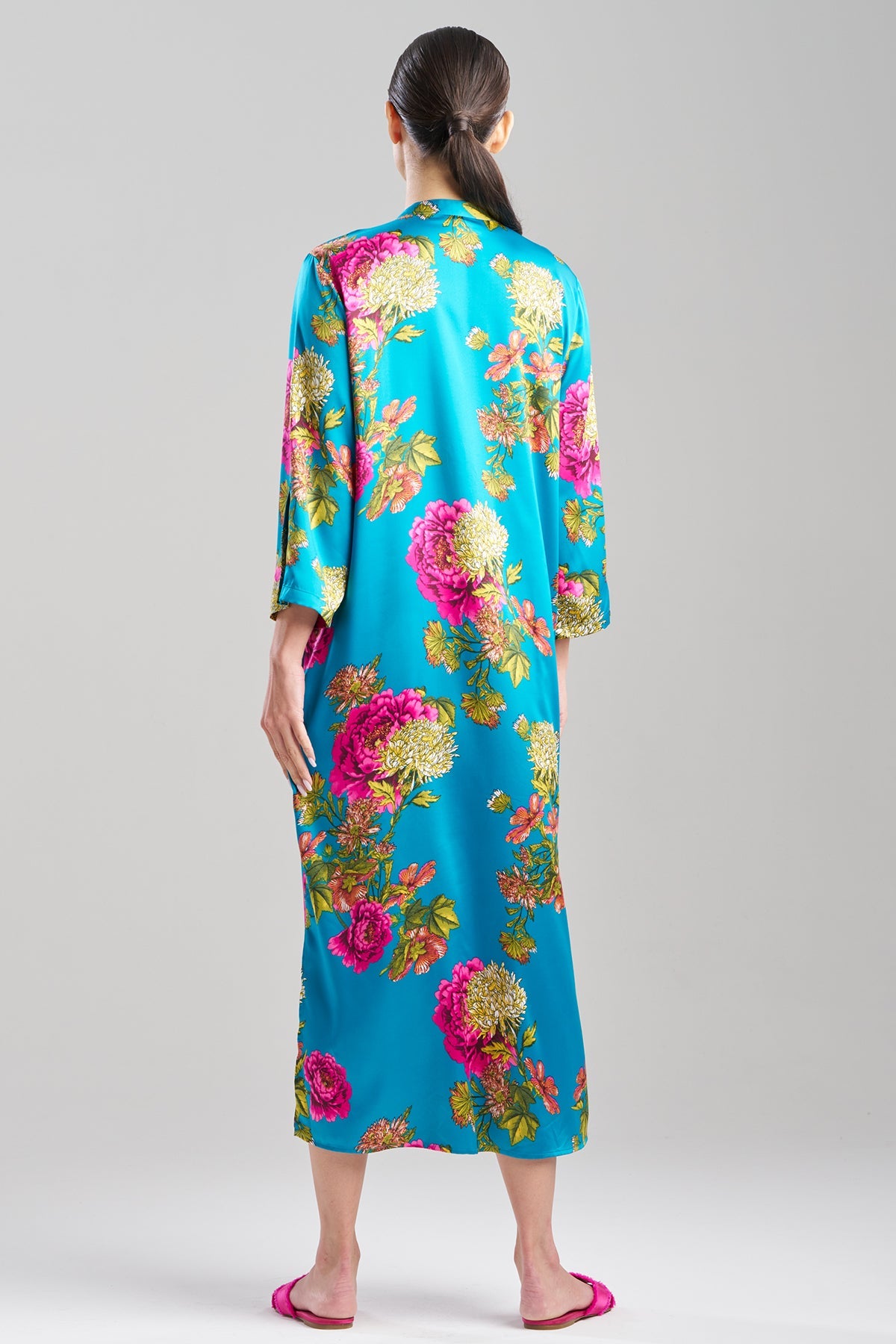 Crysanthe Printed Satin Zip Caftan Crysanthe Blue Natori