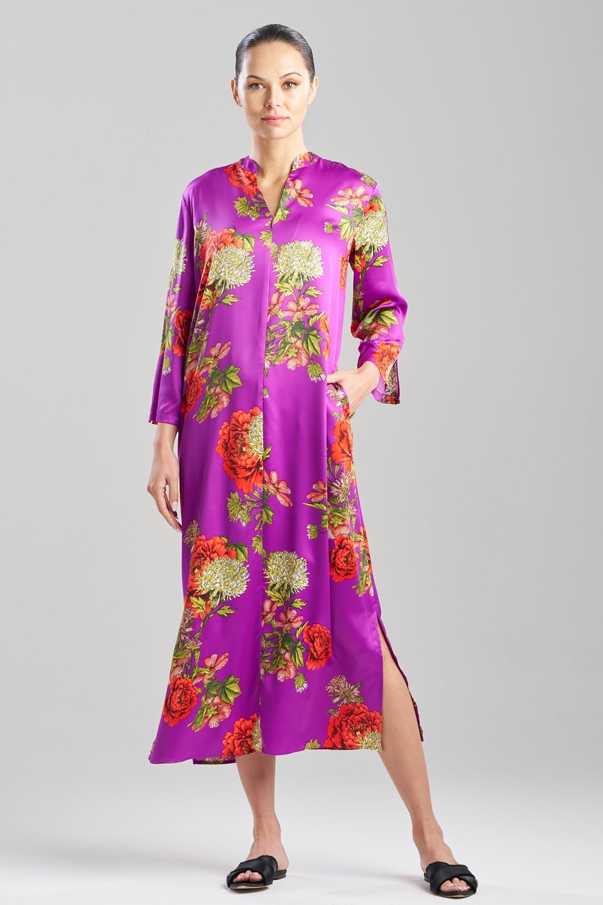 Crysanthe Printed Satin Zip Caftan Crysanthe Orchid Natori