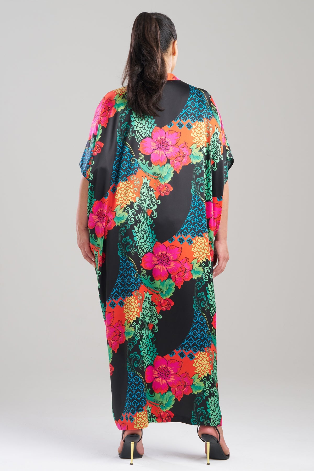 Harvest Printed Satin Wedge Caftan Harvest Black Natori