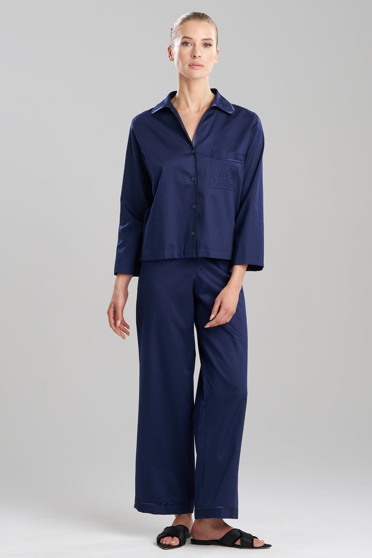 Cotton Sateen Embroidered Essentials Notch PJ Midnight Navy Natori