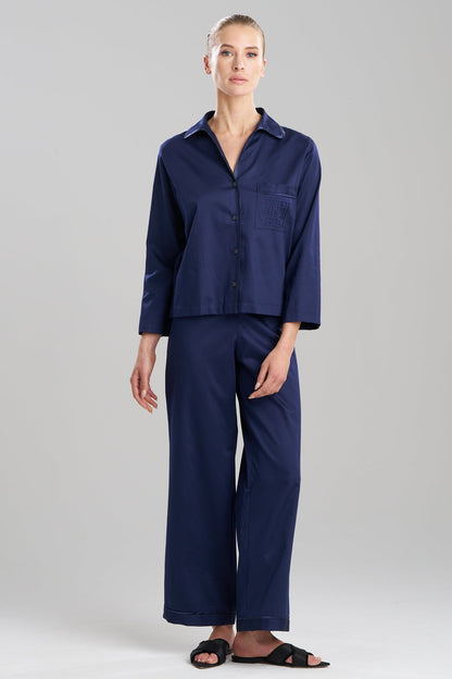 Cotton Sateen Embroidered Essentials Notch PJ Midnight Navy Natori