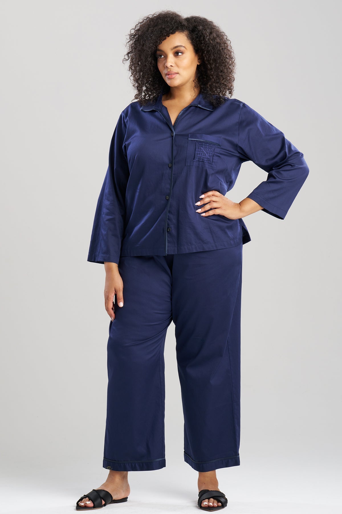 Cotton Sateen Embroidered Essentials Notch PJ Midnight Navy Natori