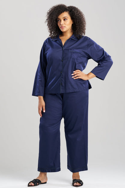 Cotton Sateen Embroidered Essentials Notch PJ Midnight Navy Natori