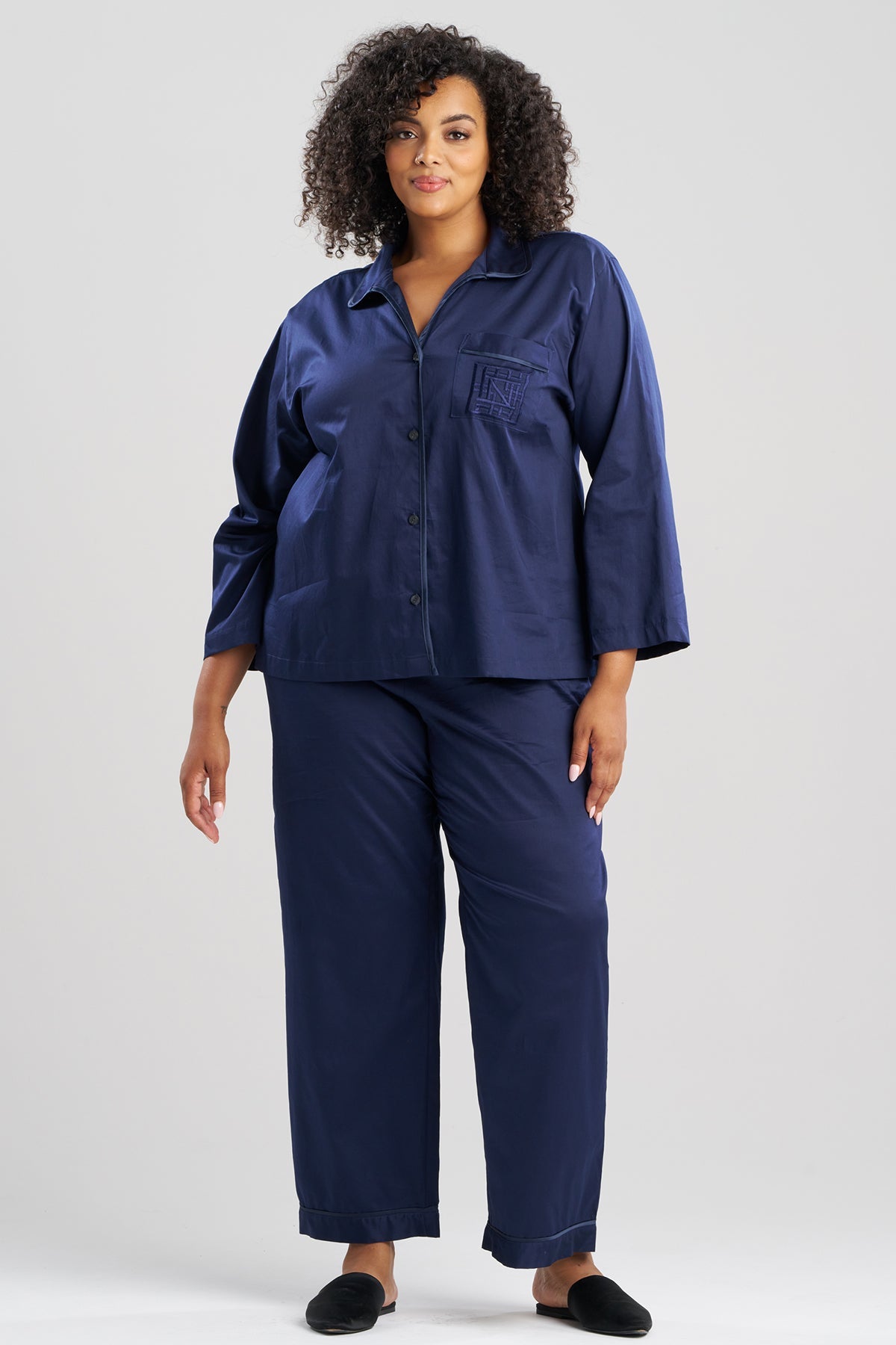 Cotton Sateen Embroidered Essentials Notch PJ Midnight Navy Natori