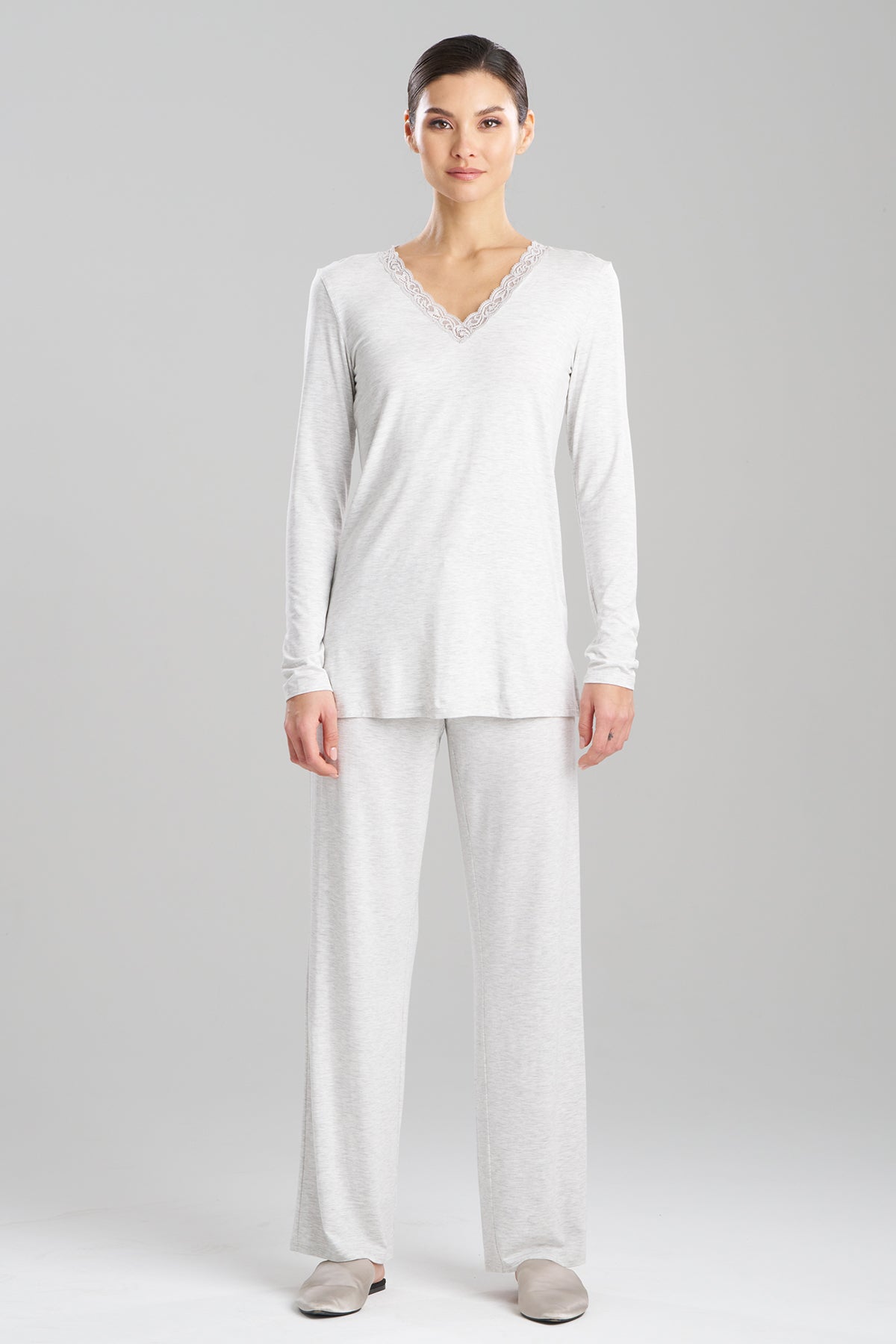 Feathers Essentials Lenzing™ Ecovero™ Viscose Long Sleeve Lace PJ Light Heather Grey Natori