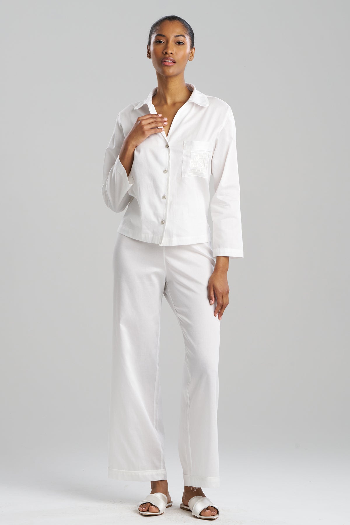 Cotton Sateen Embroidered Essentials Notch PJ White Natori