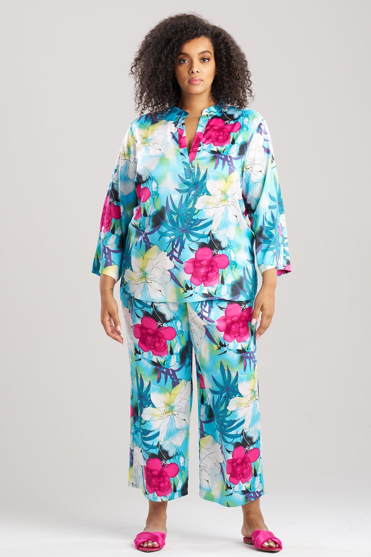 Viva Printed Satin Mandarin PJ Set Teal Natori