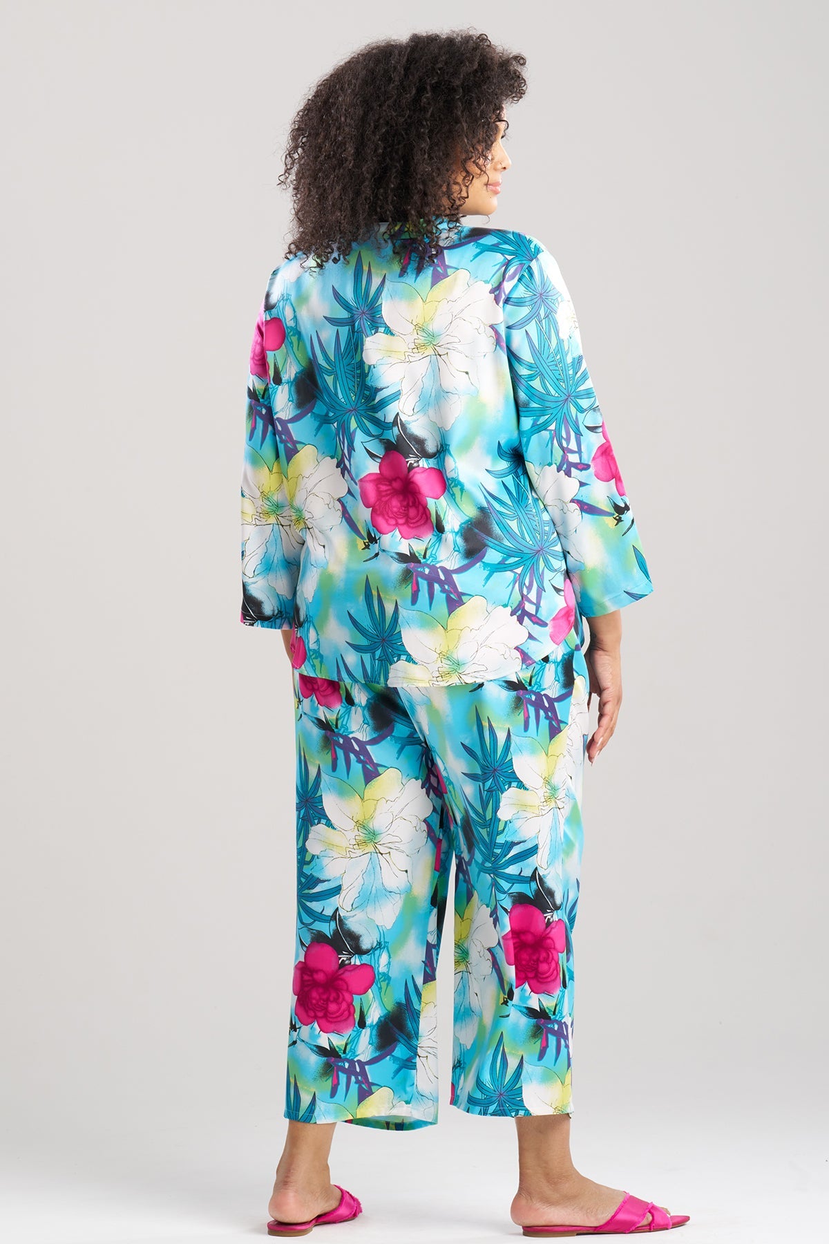 Viva Printed Satin Mandarin PJ Set Teal Natori
