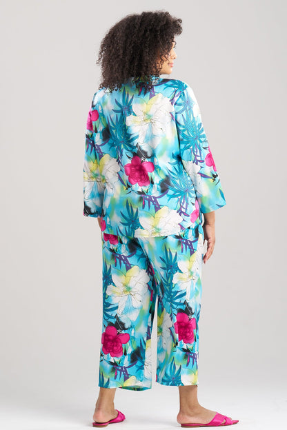 Viva Printed Satin Mandarin PJ Set Teal Natori