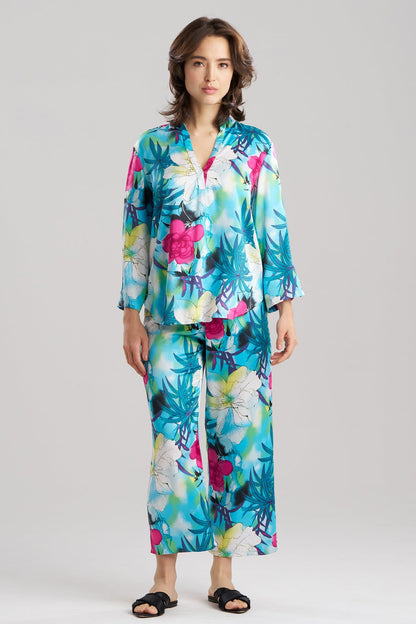 Viva Printed Satin Mandarin PJ Set Teal Natori
