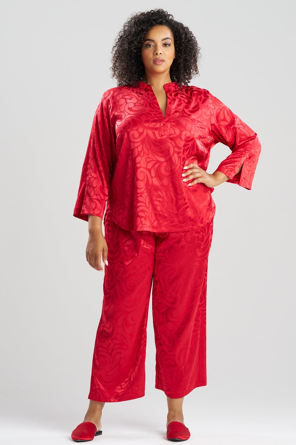 Scroll Satin Jacquard Long Sleeve PJ Brocade Red Natori