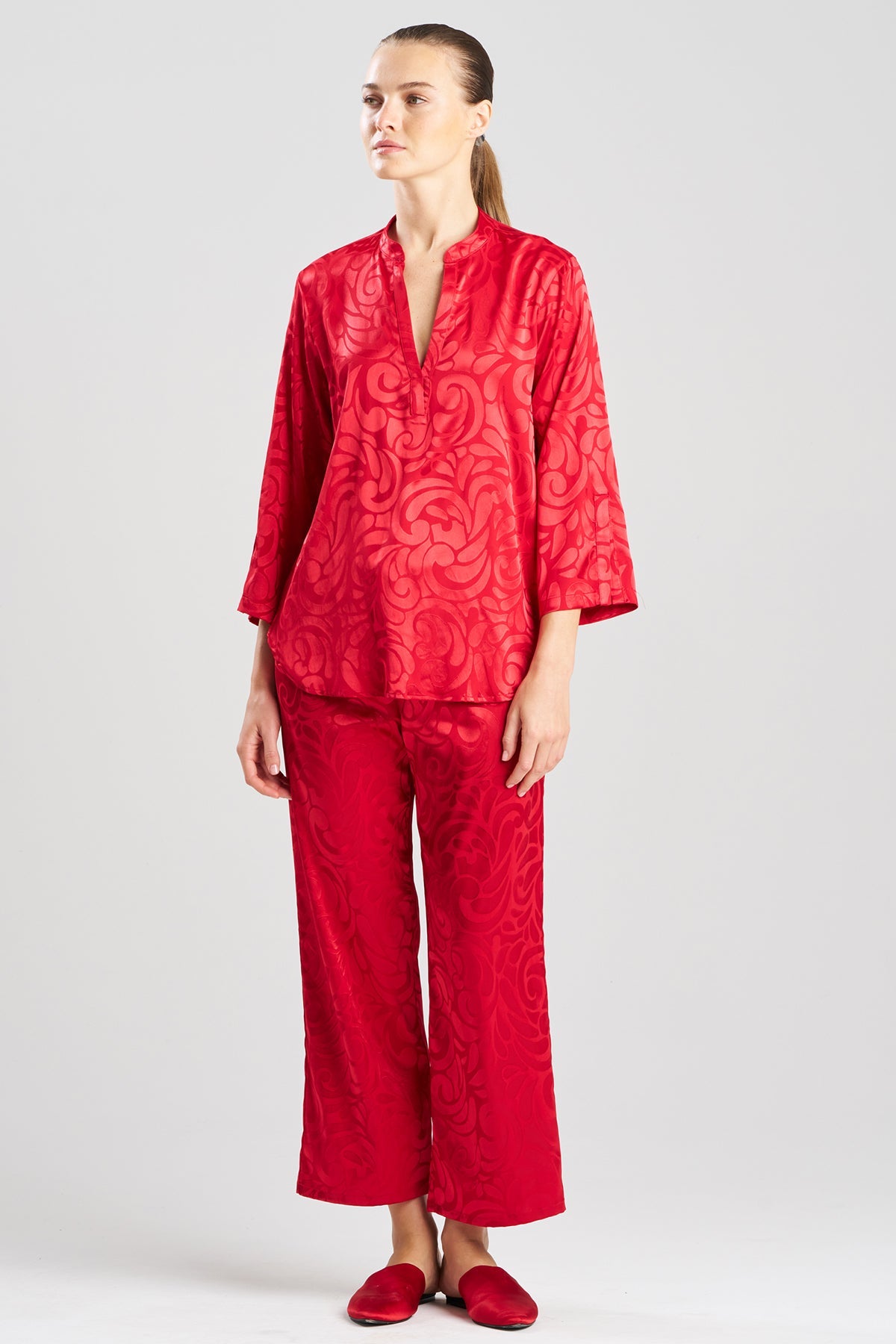 Scroll Satin Jacquard Long Sleeve PJ Brocade Red Natori