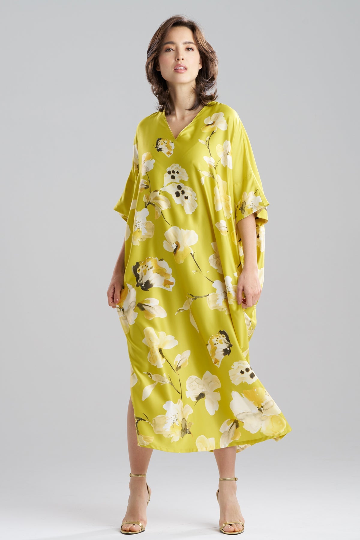 Aurelia Charmeuse V-Neck Caftan Chartreuse Natori