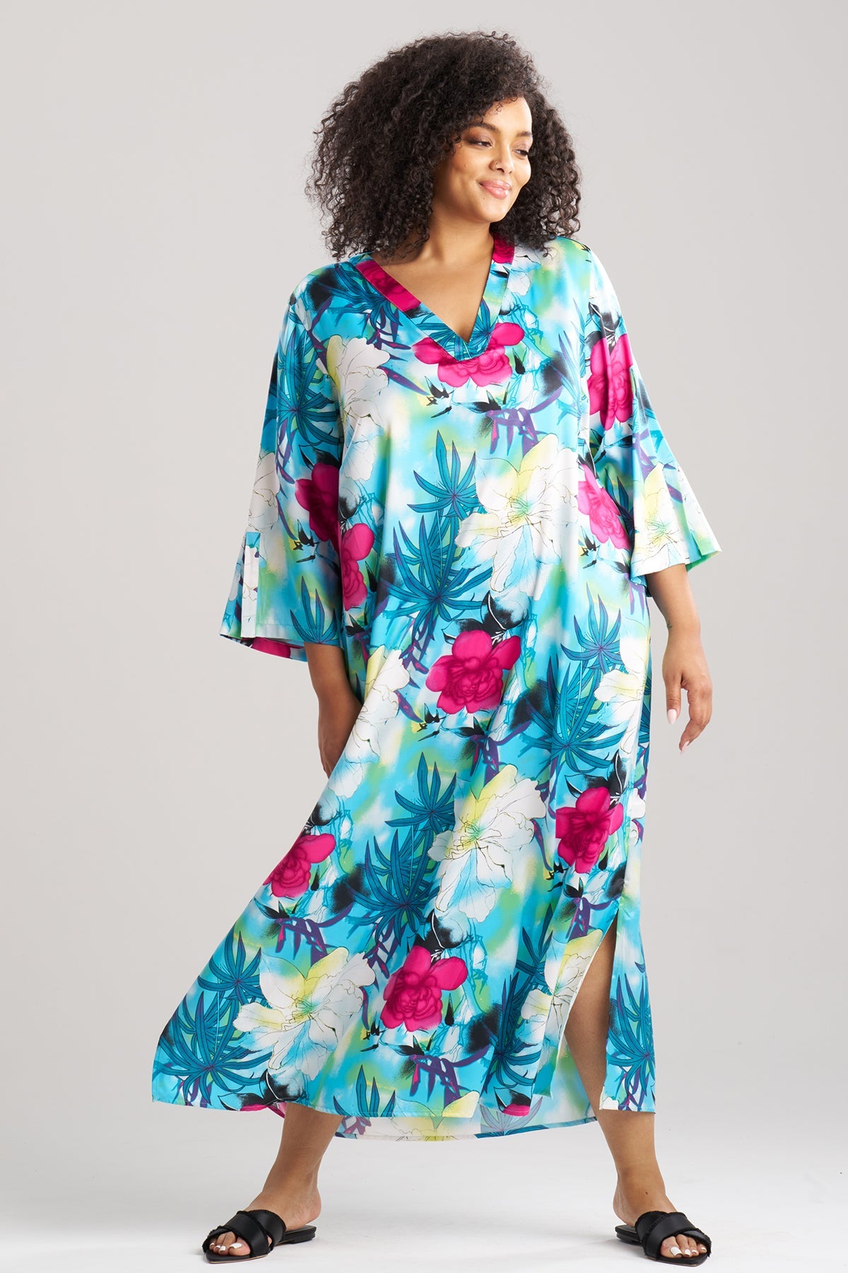 Viva Printed Satin Caftan Teal Natori