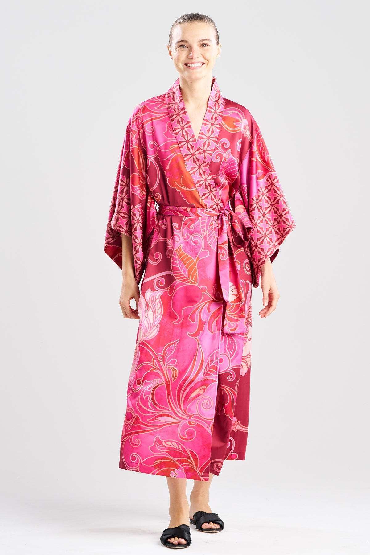 Deco Printed Charmeuse Kimono Robe Red Natori