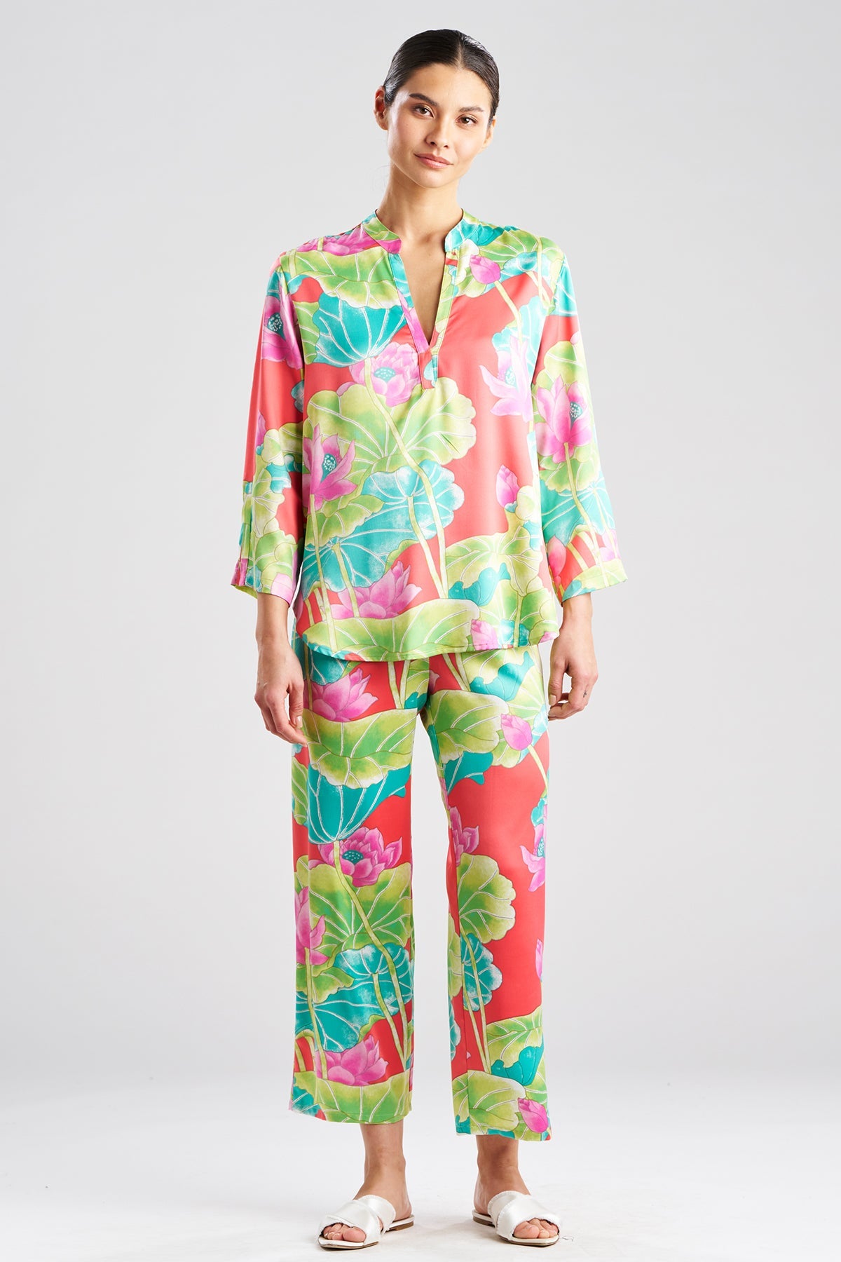 Ascendant Lotus Printed Satin Mandarin PJ Set Pink Multi Natori