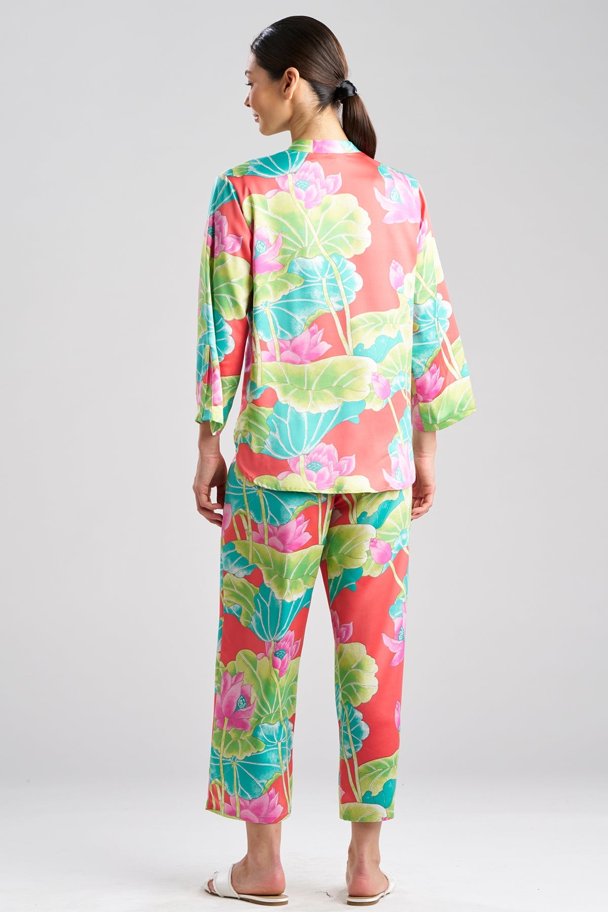 Ascendant Lotus Printed Satin Mandarin PJ Set Pink Multi Natori