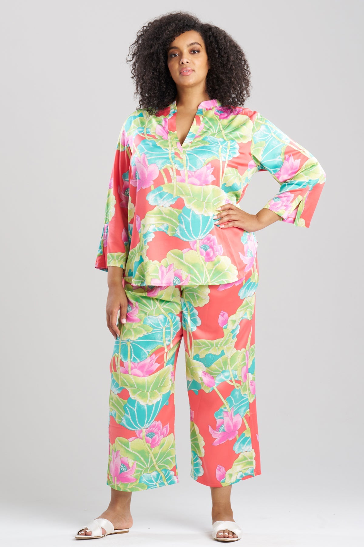 Ascendant Lotus Printed Satin Mandarin PJ Set Pink Multi Natori