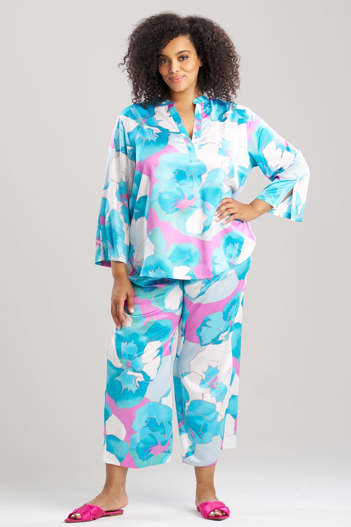 Floria Printed Satin Mandarin PJ Set Blue Natori