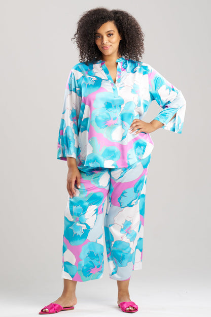 Floria Printed Satin Mandarin PJ Set Blue Natori