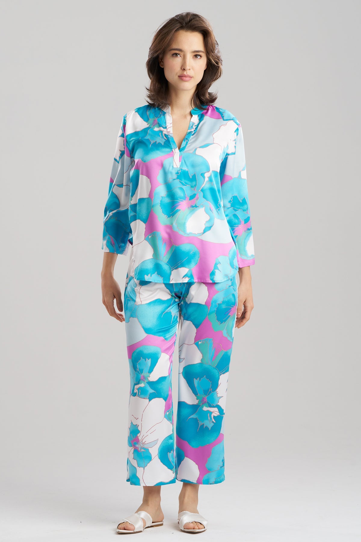 Floria Printed Satin Mandarin PJ Set Blue Natori